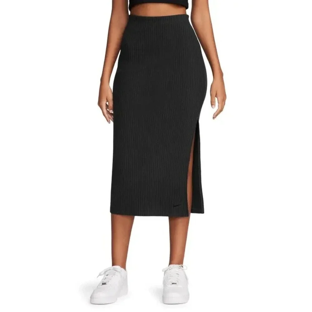Nike Sportswear Chill Knit Ribbed Midi Skirt Womens Medium Black FQ1636 010